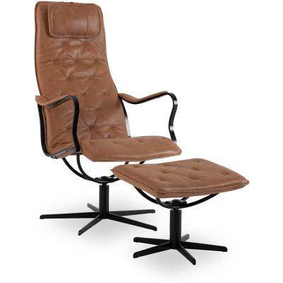 Chic fåtölj gung med fotpall skinn vintage cognac/svart metall