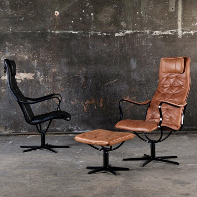 Chic fåtölj gung med fotpall skinn vintage cognac/svart metall#3