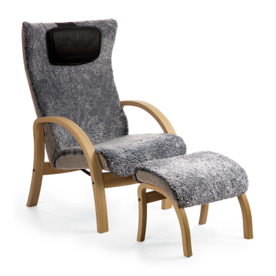 Easy fåtölj med pall vitoljad ek/fårskinn graphite