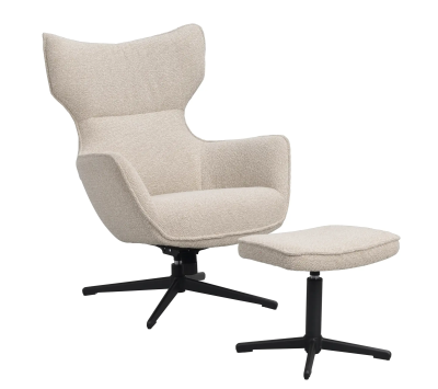 Jenkins fåtölj+fotpall beige tyg/svart metall