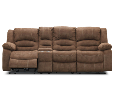 Cinema soffa VFF el recliner+mittdel fast+konsol med svart bricka+HFF el recliner + elnacke microtyg 373 nougat